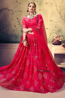 likable Red Mukesh work georgette semi stitched lehenga
