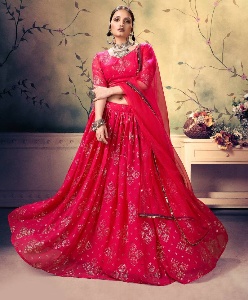 likable Red Mukesh work georgette Semi Stitched Lehenga