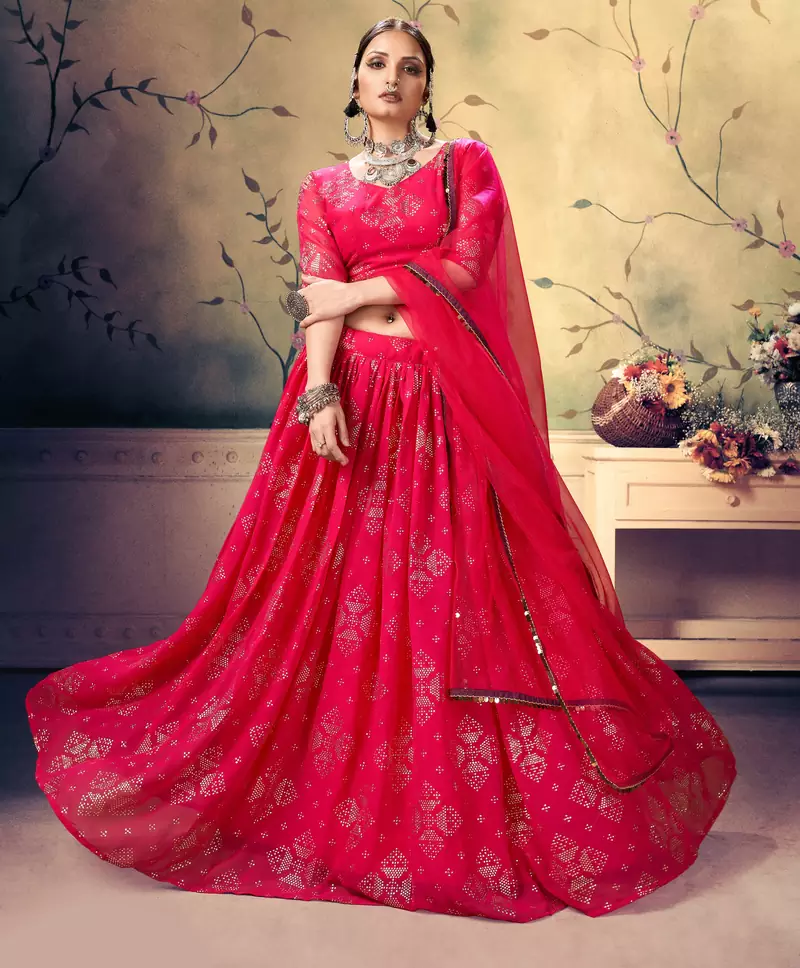likable Red Mukesh work georgette semi stitched lehenga