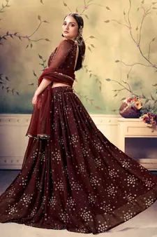 endearing Brown Mukesh work georgette semi stitched lehenga