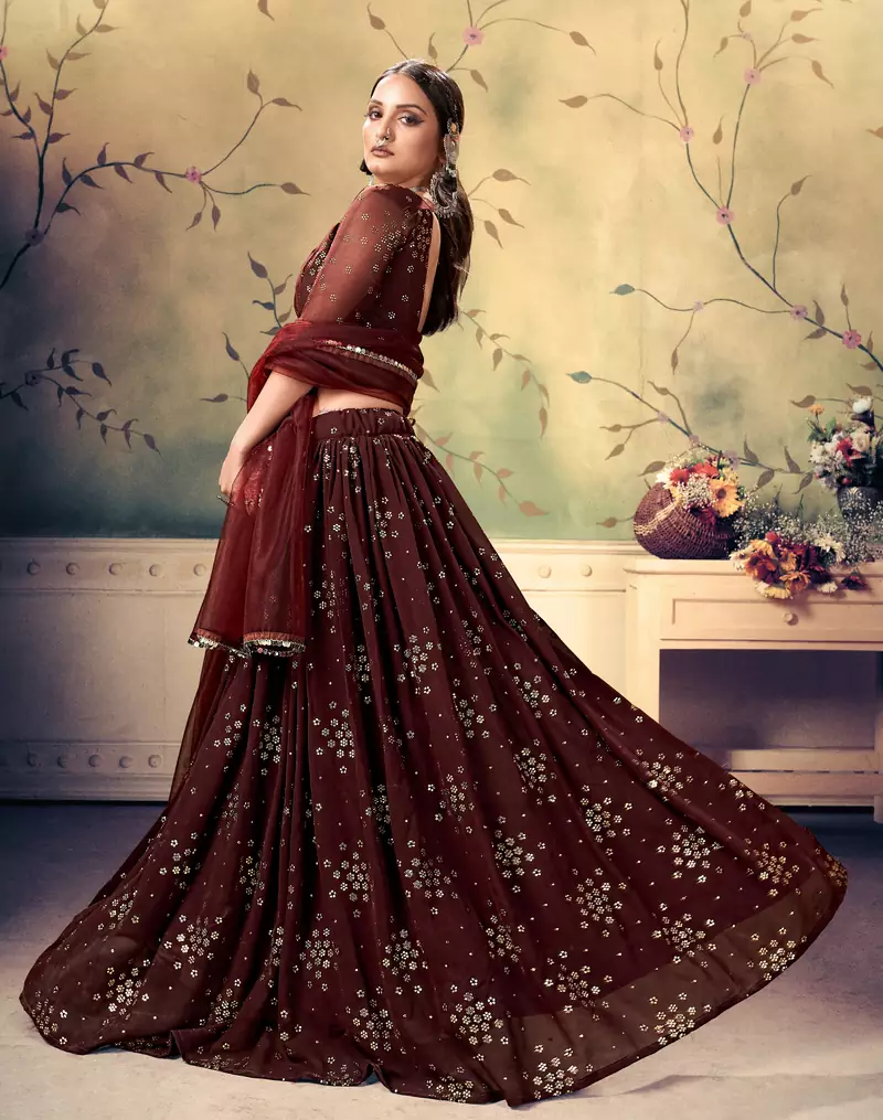endearing Brown Mukesh work georgette semi stitched lehenga