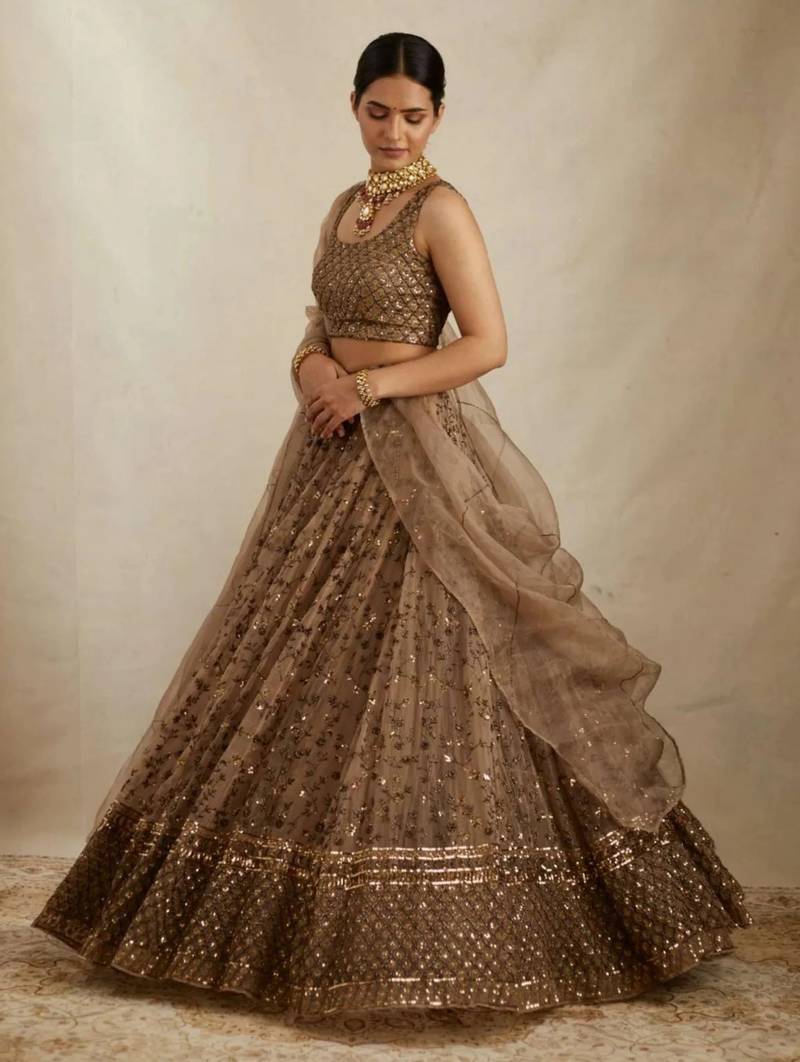 Brown Sequin Embroidered Net fabric indian Lehenga choli dress