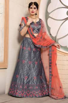 delectable Grey embroidered satin semi stitched lehenga