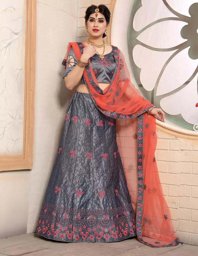 delectable Grey embroidered satin semi stitched lehenga