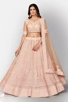 Comely Peach embroidered net semi stitched lehenga