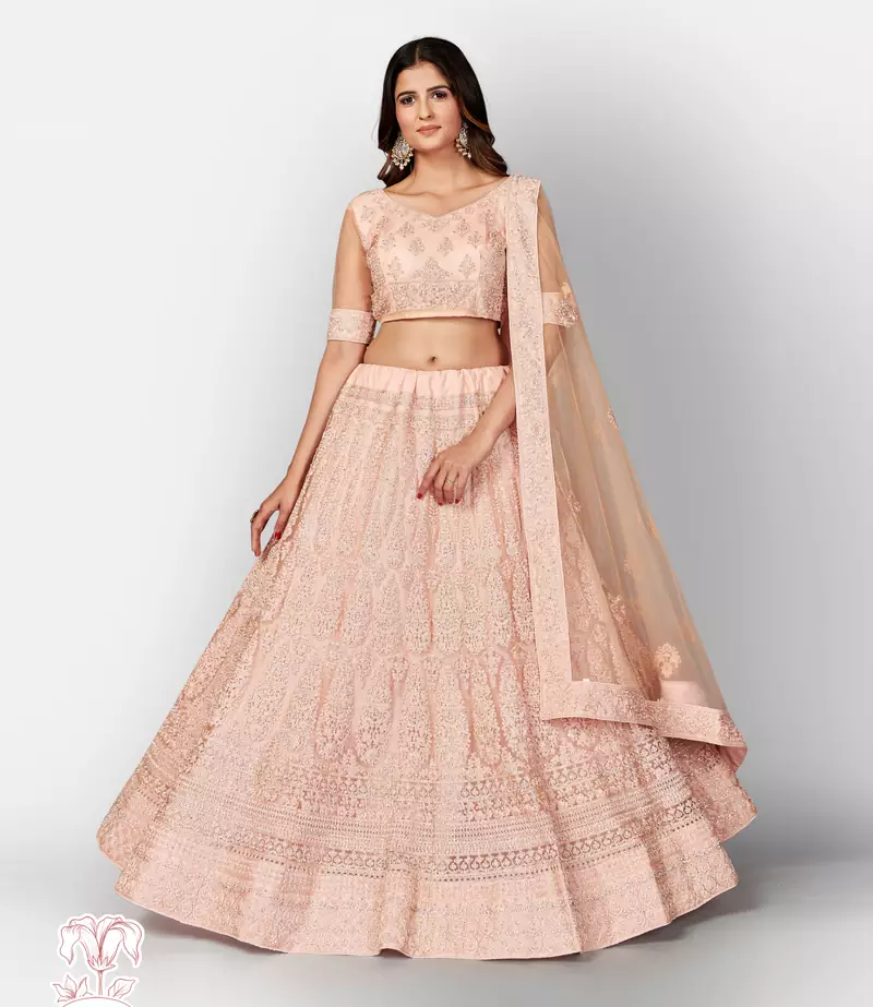 Comely Peach embroidered net semi stitched lehenga