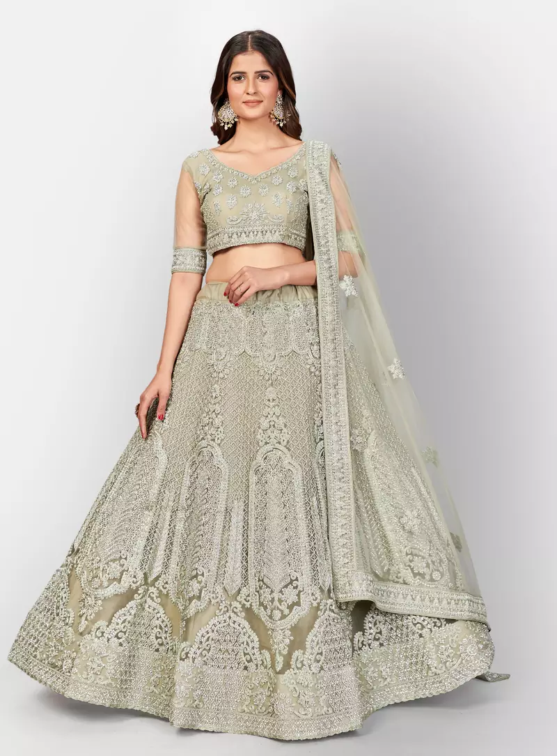 Delightfully Green embroidered net semi stitched lehenga