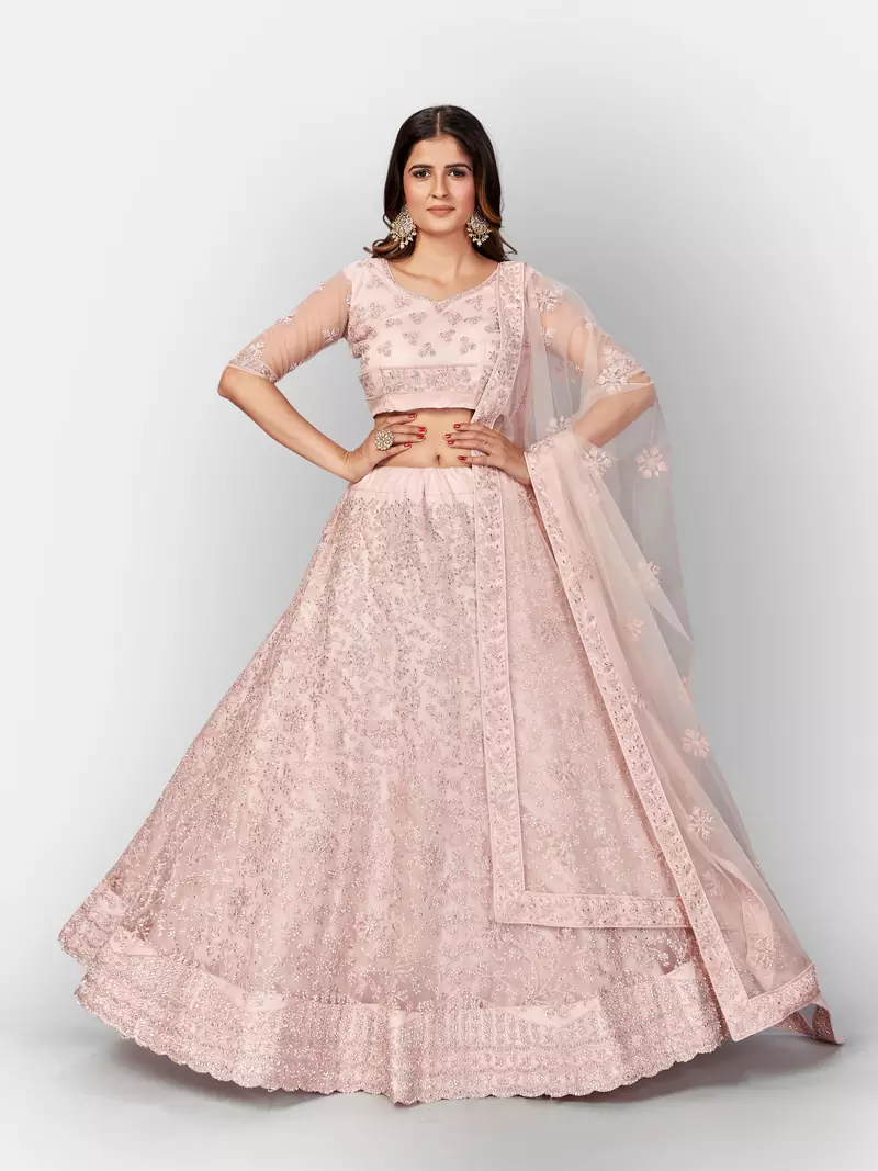 Appealing Pink embroidered net semi stitched lehenga