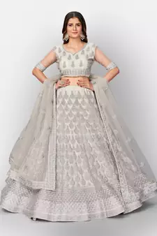 Captivating Grey embroidered net semi stitched lehenga