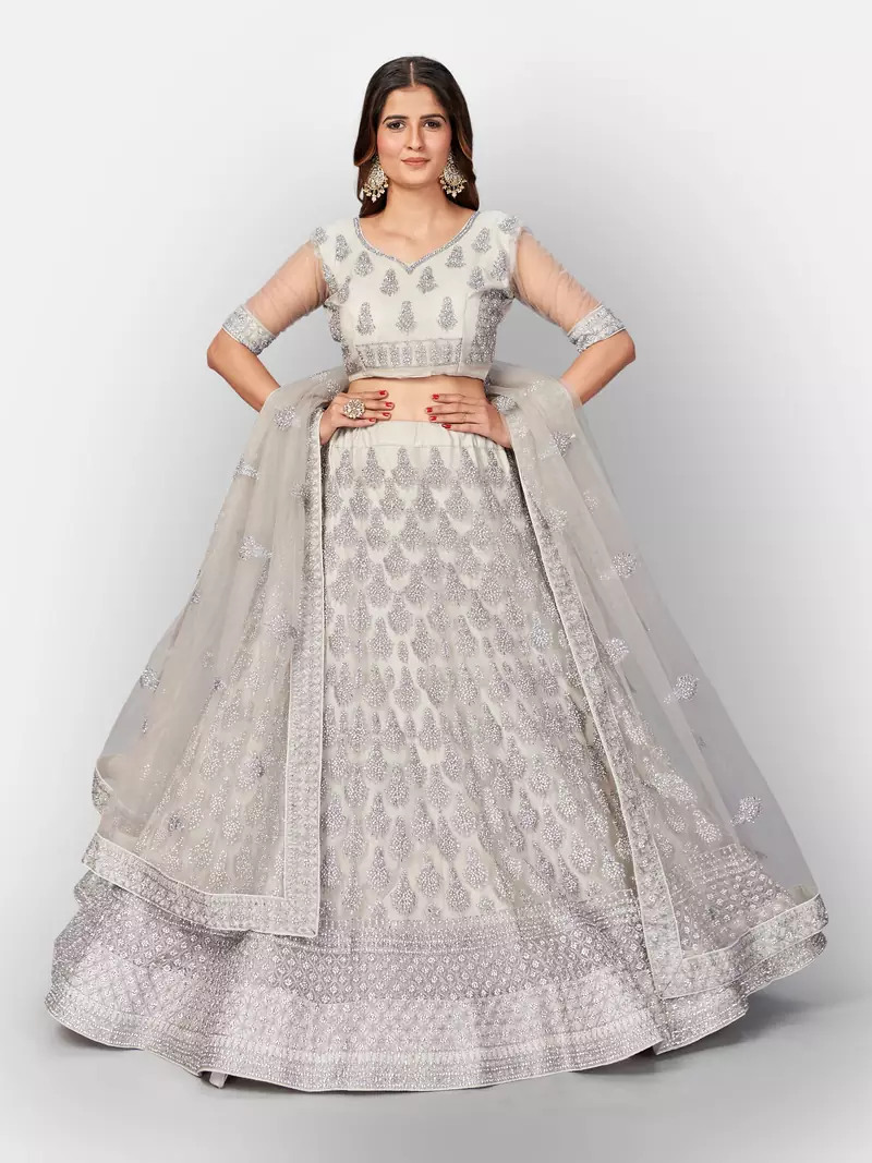 Captivating Grey embroidered net semi stitched lehenga