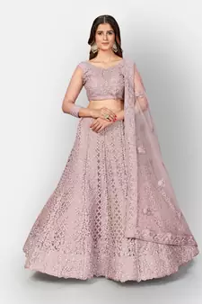 Attractive Pink embroidered net semi stitched lehenga