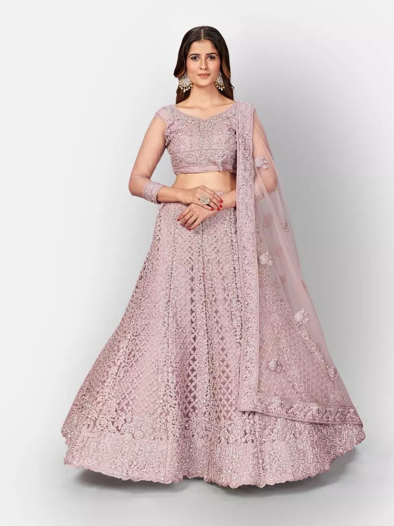 Attractive Pink embroidered net semi stitched lehenga