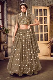 Dazzling Brown mirror net semi stitched lehenga