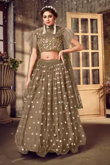 Dazzling Brown mirror net semi stitched lehenga