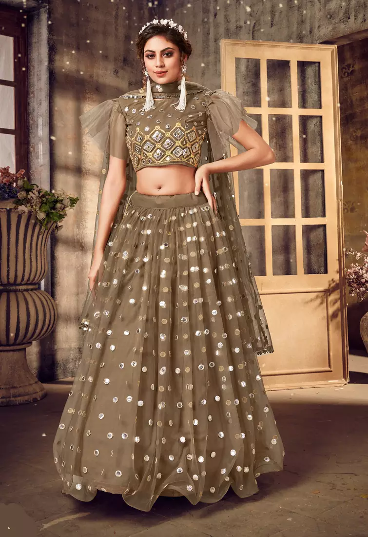 Dazzling Brown mirror net semi stitched lehenga