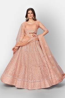 Engaging Peach embroidered net semi stitched lehenga