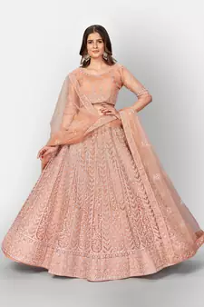 Engaging Peach embroidered net semi stitched lehenga
