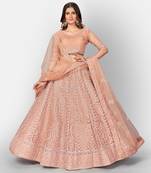 Engaging Peach embroidered net Semi Stitched Lehenga