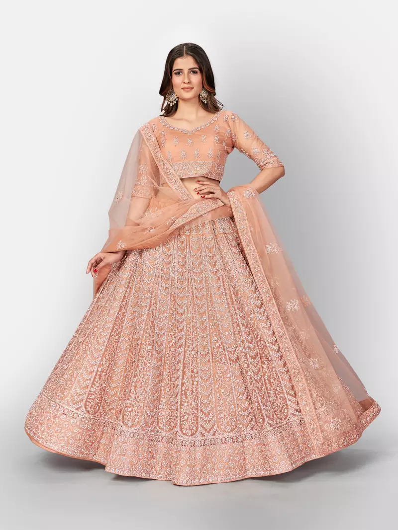 Engaging Peach embroidered net semi stitched lehenga