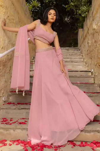 Seductive Pastel Pink Faux Georgette beautiful umbrella cut ethnic Lehenga Choli