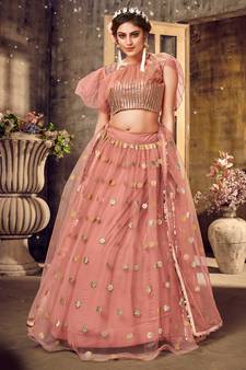 Seductive Pink mirror net semi stitched lehenga