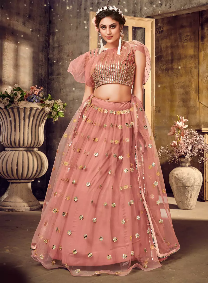 Seductive Pink mirror net semi stitched lehenga