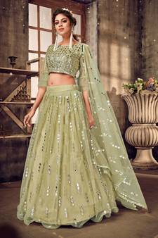 Alluring Light-green mirror net semi stitched lehenga