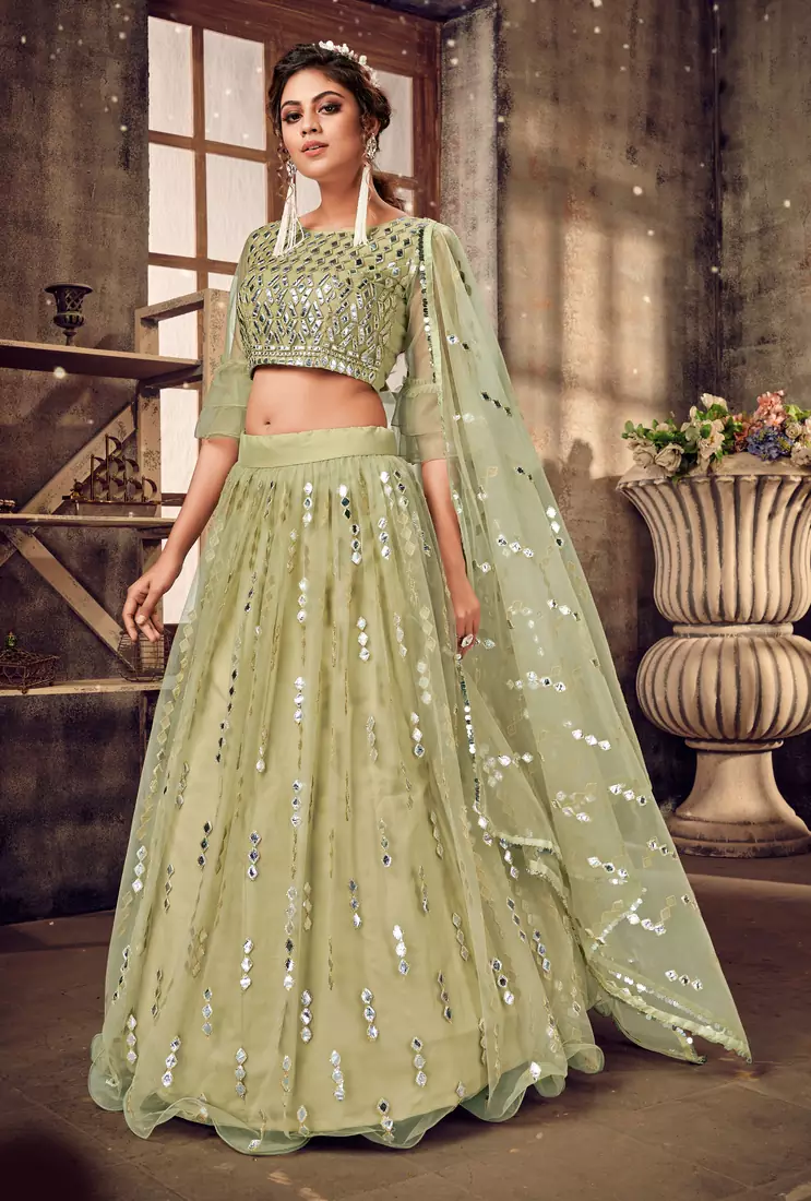 Alluring Light-green mirror net semi stitched lehenga