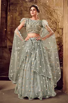 Ravishing Grey mirror net semi stitched lehenga