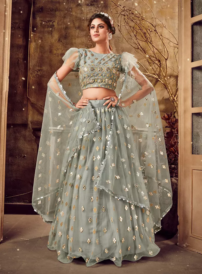Ravishing Grey mirror net semi stitched lehenga