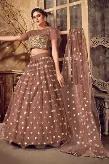 Irresistible Brown mirror net semi stitched lehenga