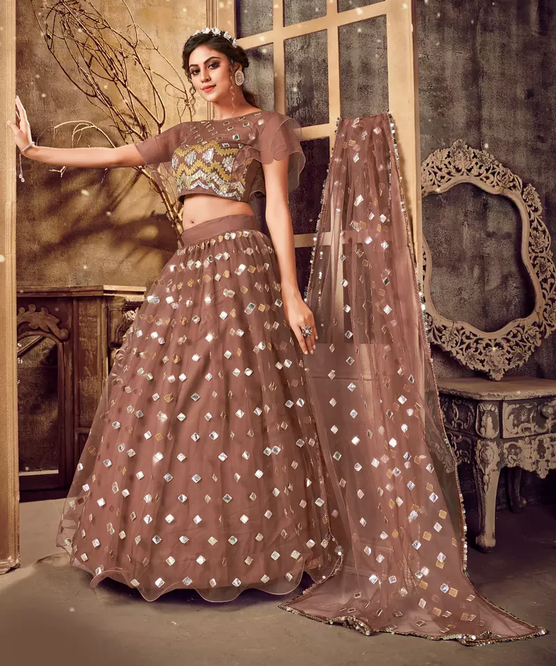 Irresistible Brown mirror net semi stitched lehenga