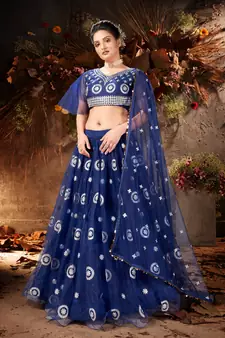 Entrancing Blue mirror net semi stitched lehenga