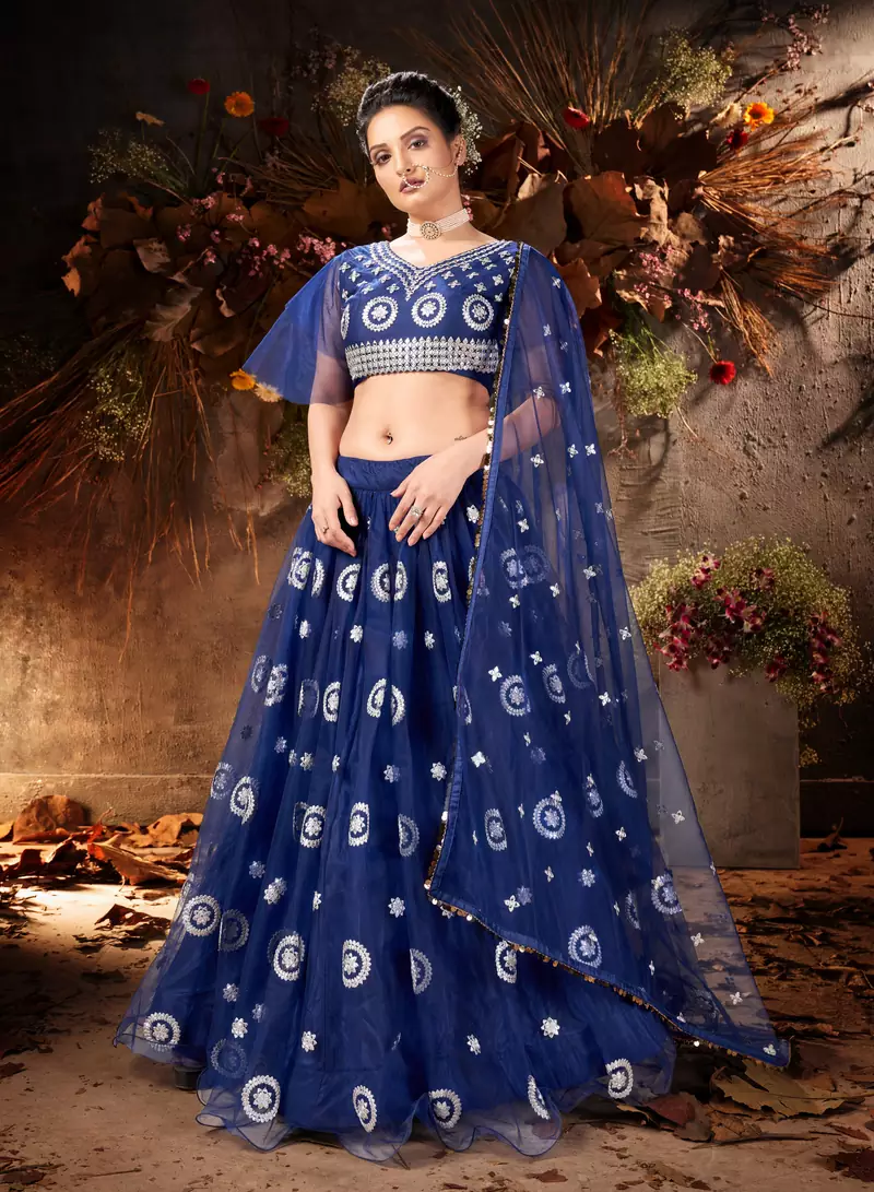 Entrancing Blue mirror net semi stitched lehenga