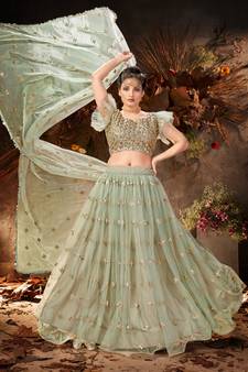 Spellbinding Green mirror net semi stitched lehenga
