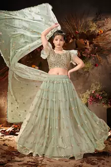 Spellbinding Green mirror net semi stitched lehenga