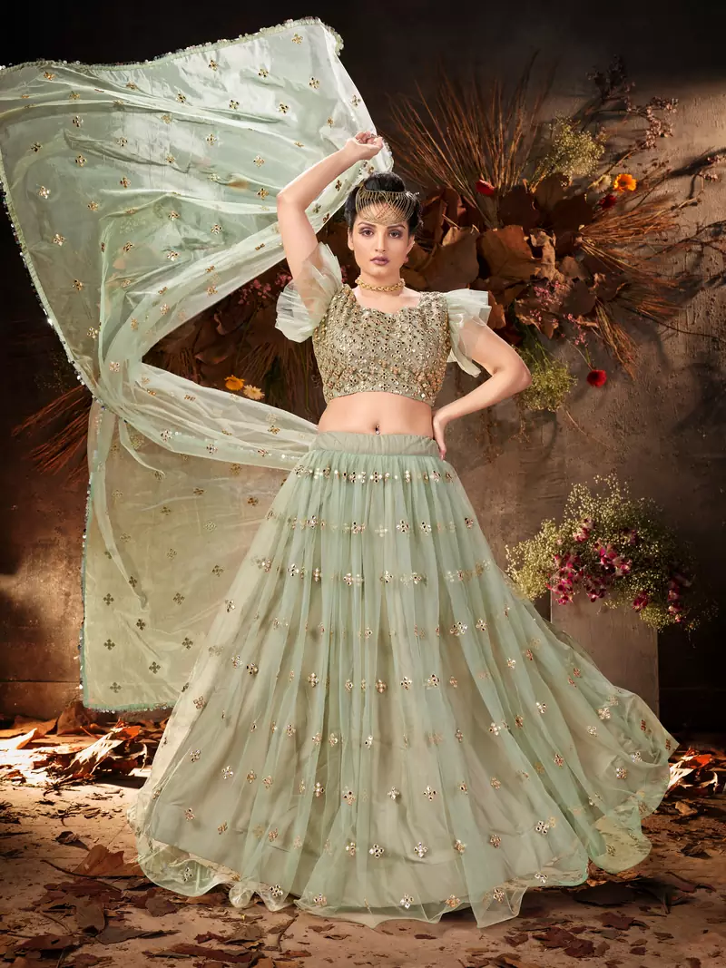 Spellbinding Green mirror net semi stitched lehenga