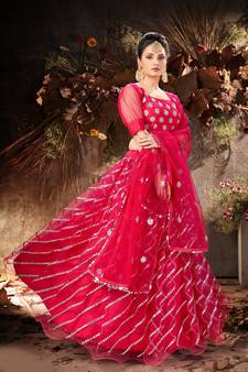 Enthralling Pink mirror net semi stitched lehenga