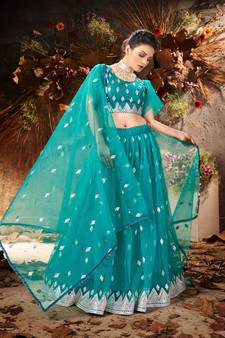 Dreamy Light-green mirror net semi stitched lehenga