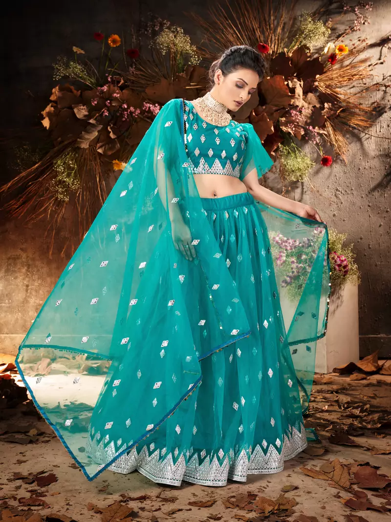 Dreamy Light-green mirror net semi stitched lehenga