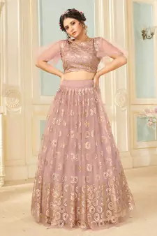 inviting Peach thread embroidery net semi stitched lehenga