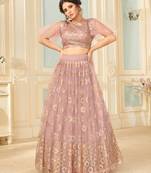 inviting Peach thread embroidery net Semi Stitched Lehenga