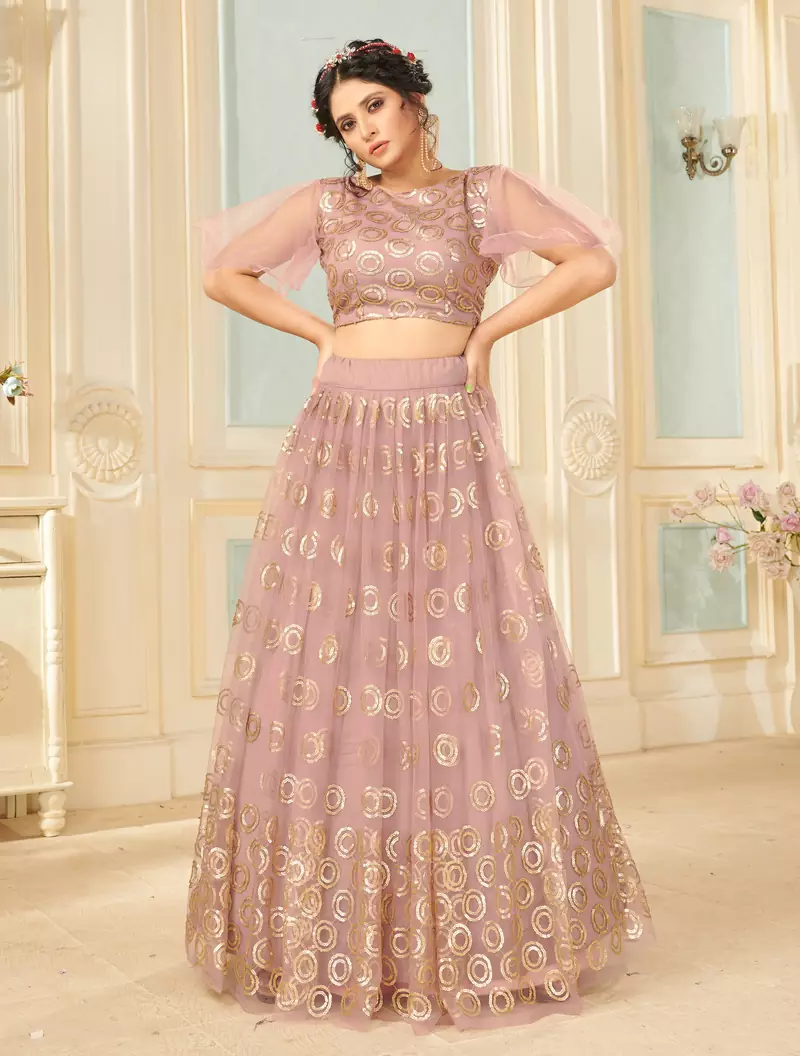 inviting Peach thread embroidery net semi stitched lehenga