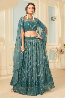 fascinating Green thread embroidery net semi stitched lehenga