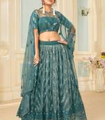 fascinating Green thread embroidery net Semi Stitched Lehenga