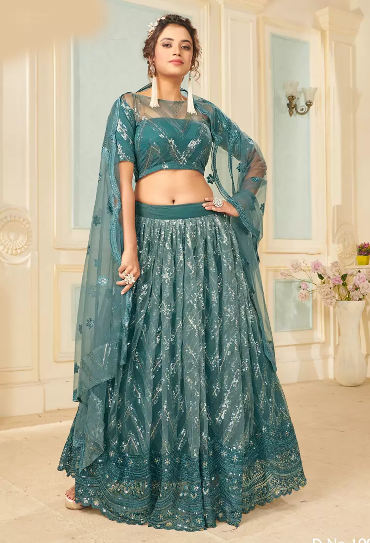 fascinating Green thread embroidery net semi stitched lehenga