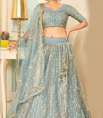appetizing Light-blue thread embroidery net Semi Stitched Lehenga