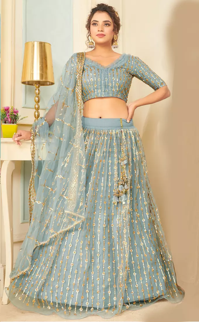 appetizing Light-blue thread embroidery net semi stitched lehenga