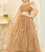 intriguing Beige thread embroidery net Semi Stitched Lehenga
