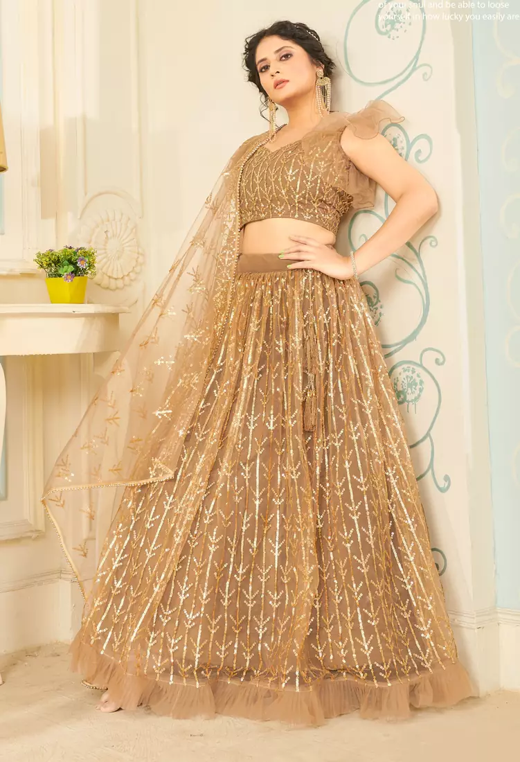 intriguing Beige thread embroidery net semi stitched lehenga